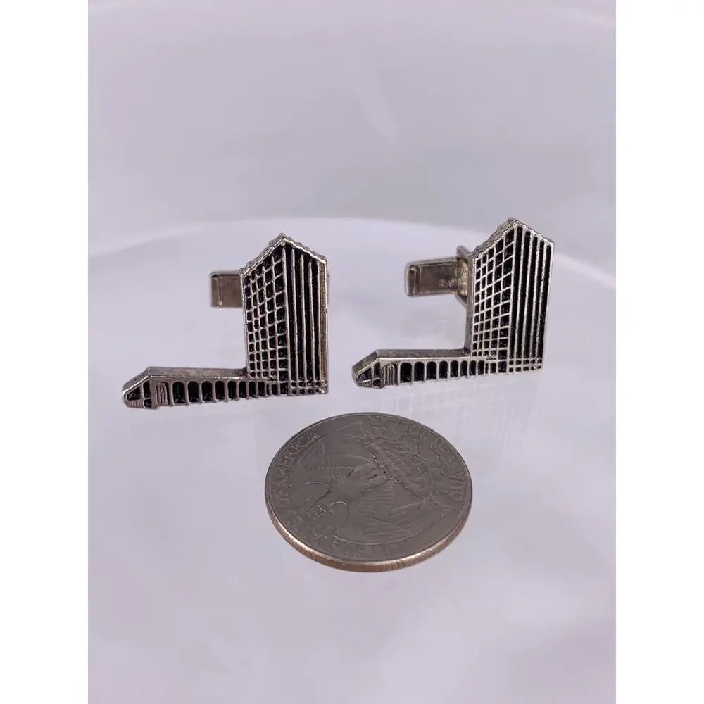 Architecture Office Building Silver Tone Cufflinks & Tie Pin Tower Vintage K1